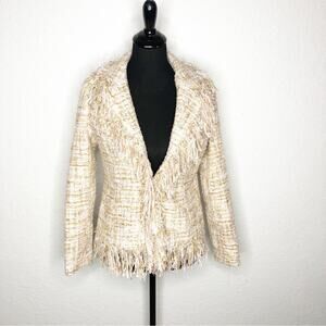 Boston Proper cream pink‎ gold metallic tweed fringe trim blazer size 6